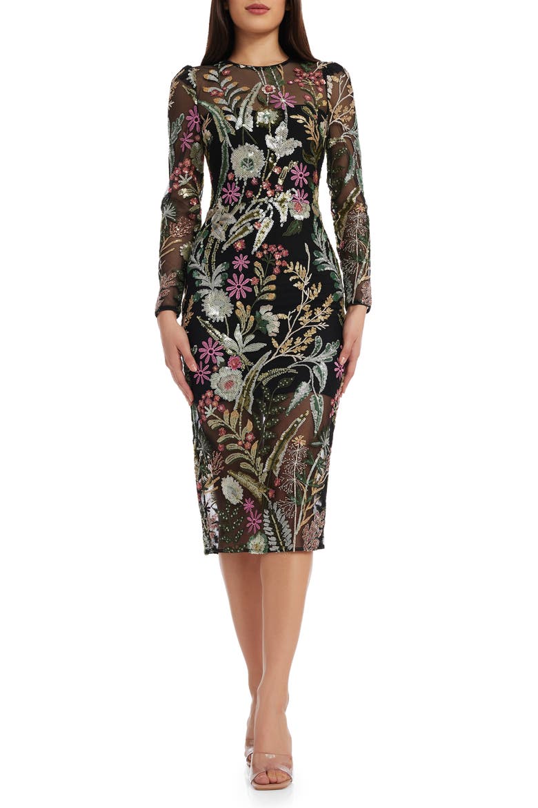 Sophia Floral Sequin Long Sleeve Cocktail Sheath Dress, Main, color, BLACK MULTI