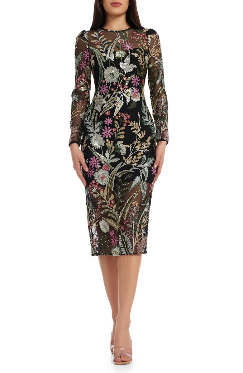 Dress the Population Sophia Floral Sequin Long Sleeve Cocktail Sheath Dress, Main, color,