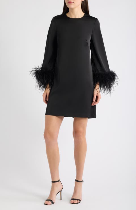 Feather Cuff Long Sleeve Shift Minidress