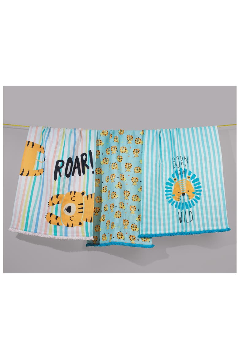 Set of Three Wild Roar Jungle Kitchen Towels, Alternate, color, SKY BLUE/ TANGERINE