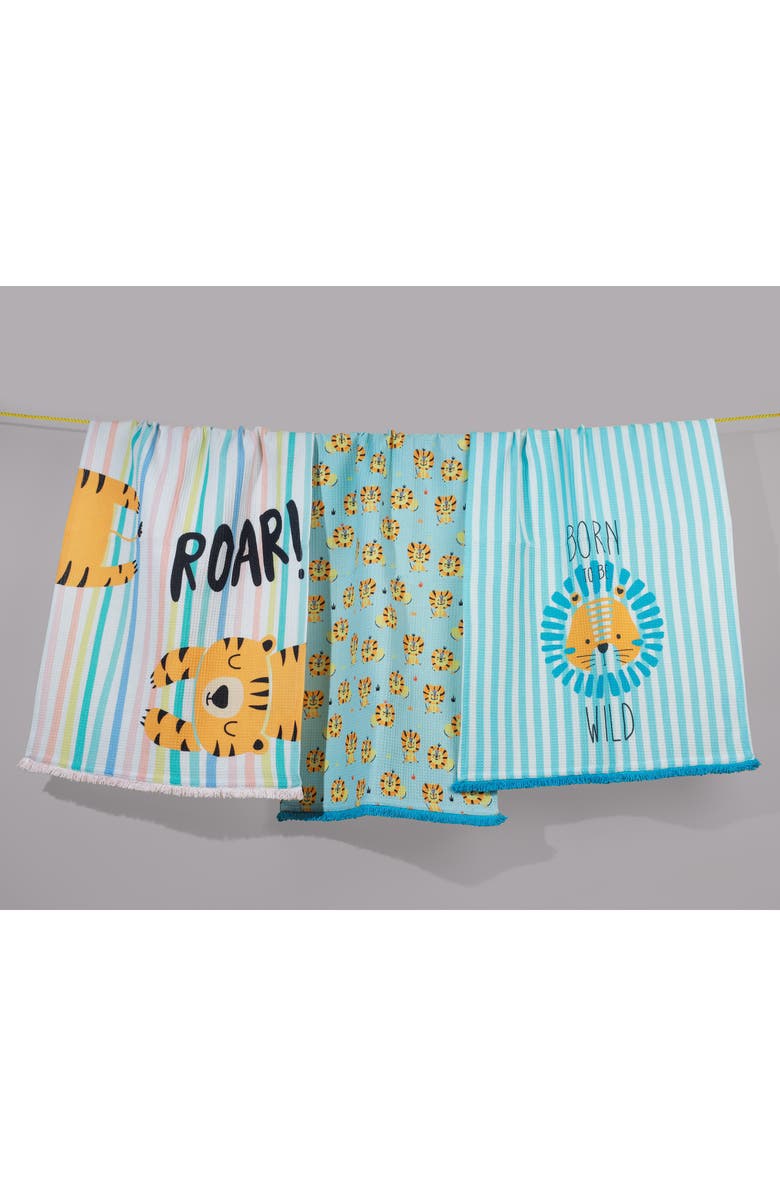 Tiramisu Set of Three Wild Roar Jungle Kitchen Towels, Alternate, color, Sky Blue/ Tangerine
