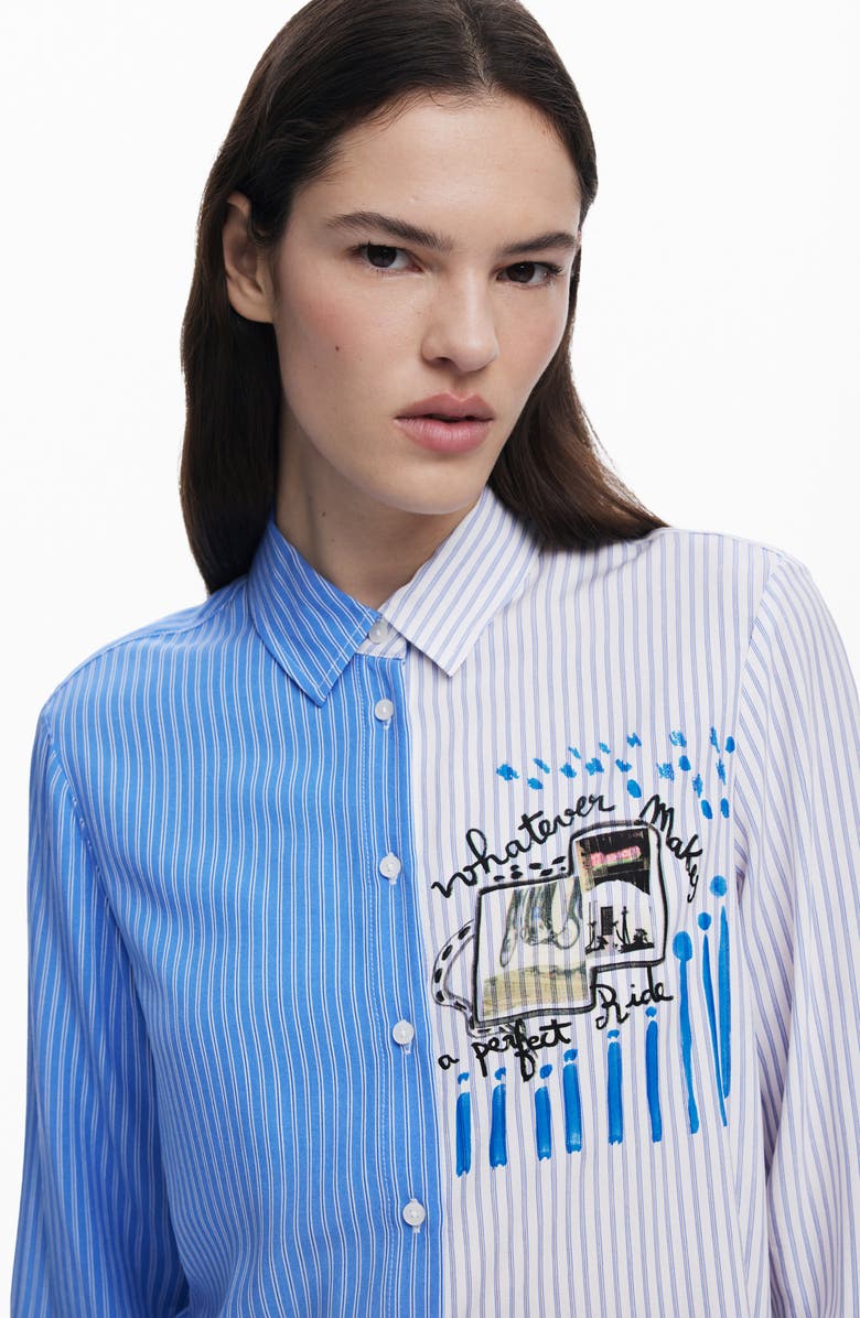 Desigual Colorblock Stripe Cotton Button-Up Shirt, Alternate, color, Light Blue