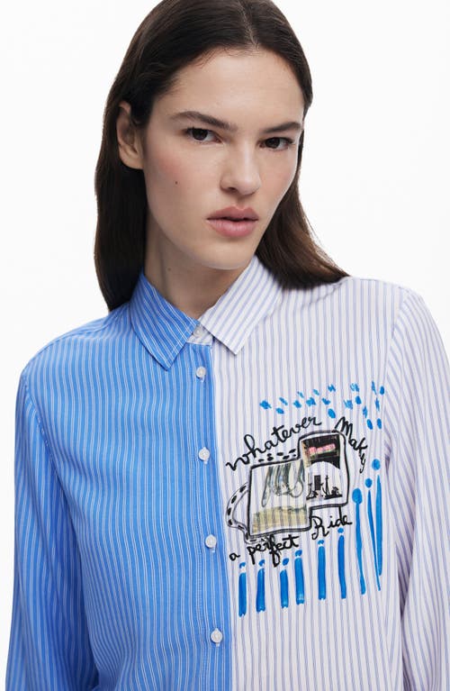Desigual Colorblock Stripe Cotton Button-up Shirt In Light Blue