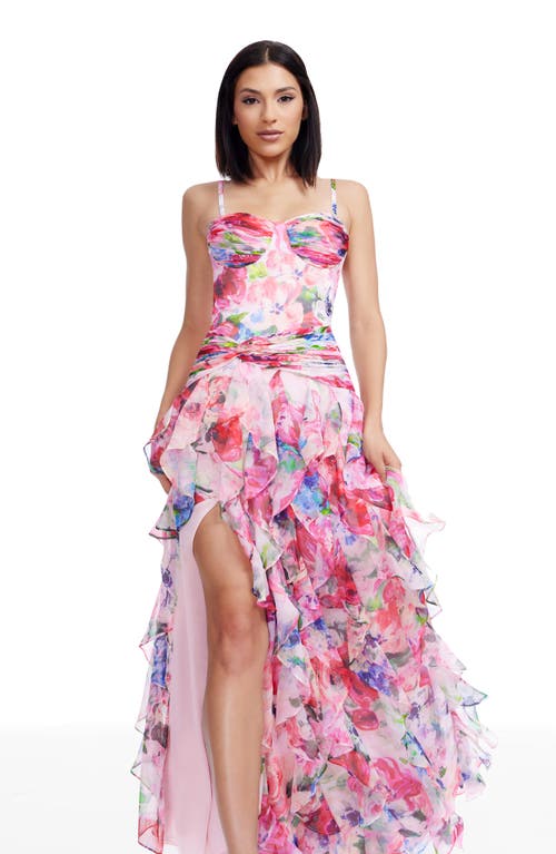 Dress The Population Lux Floral Cascading Ruffle Gown In Multi