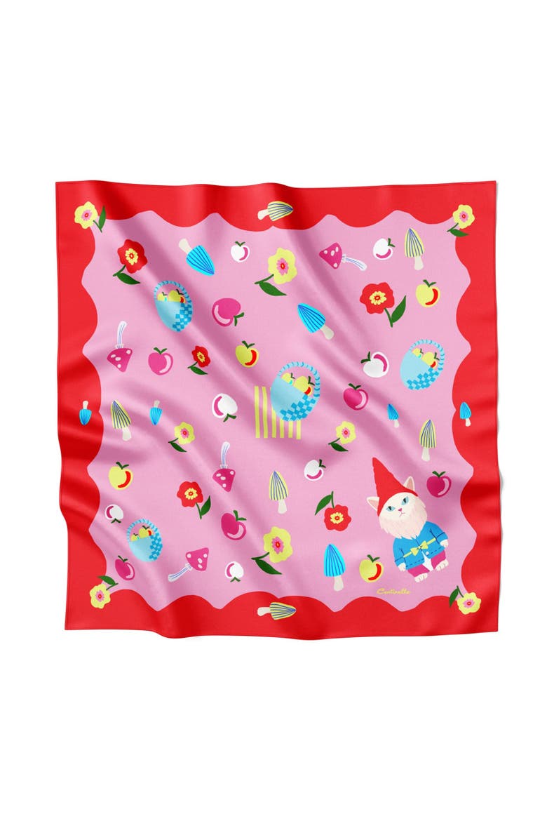 Cat Garden Gnome  Silk Large Square Scarf, Main, color, Pink