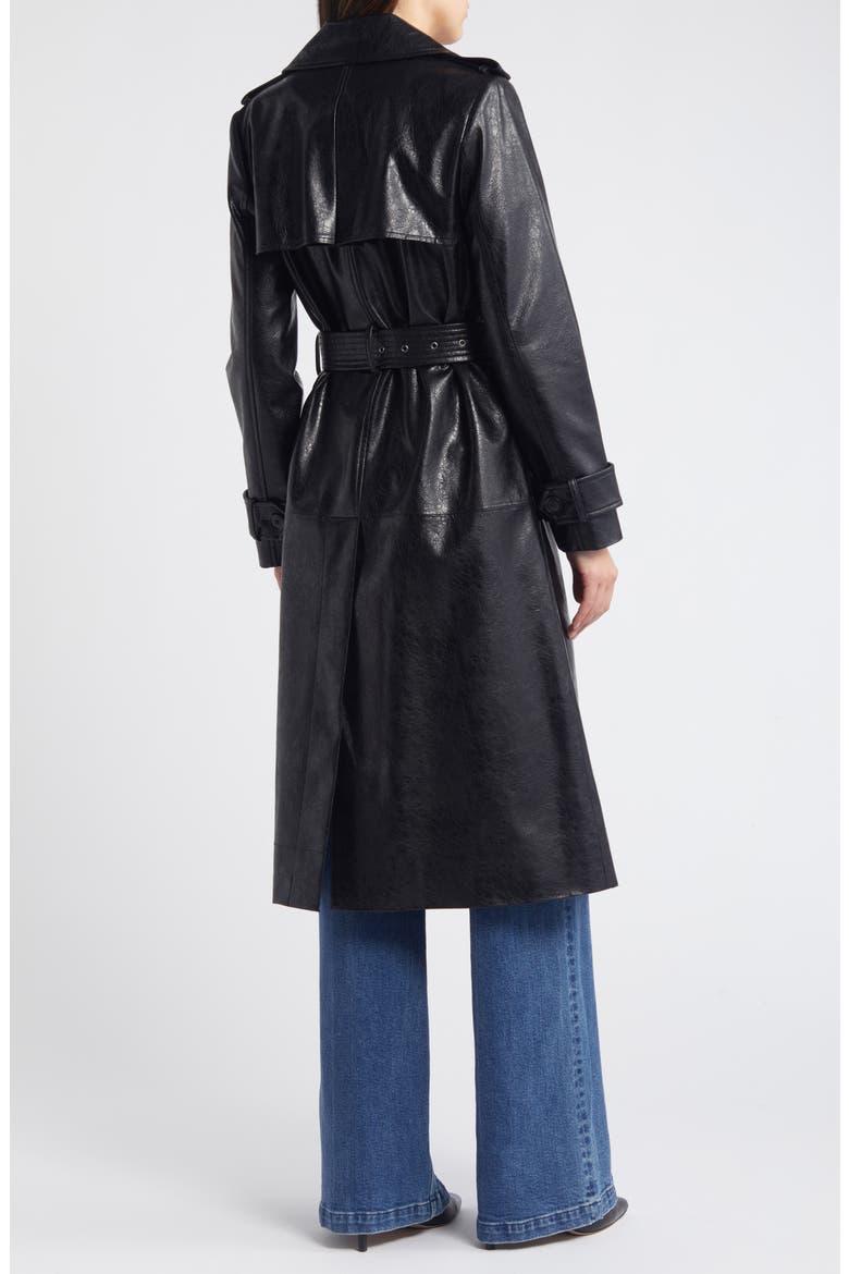 Belted Double Breasted Faux Leather Trench Coat, Alternate, color, BLACK