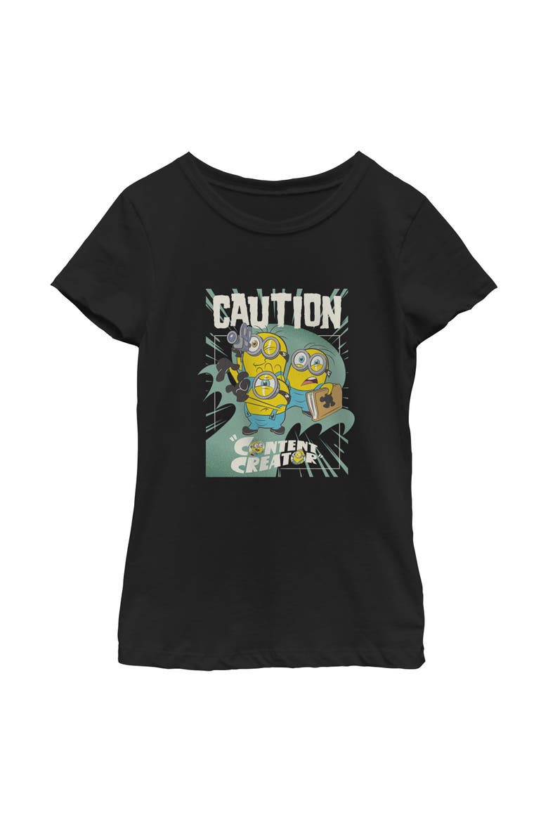 Girl's Minions & Monsters Caution Content Creator  Graphic T-Shirt, Main, color, Black