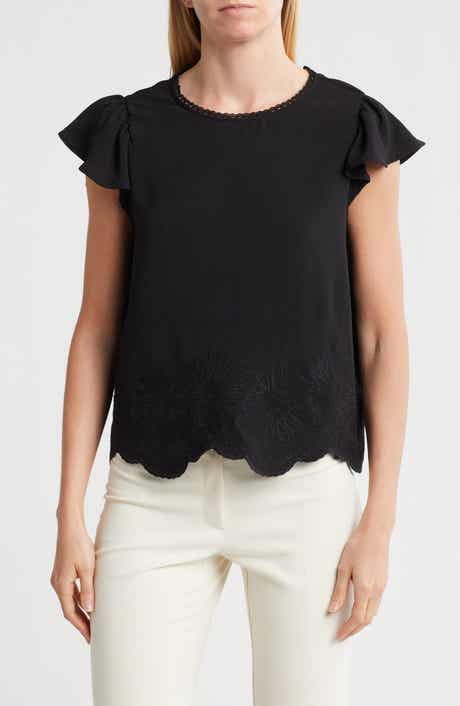 Adrianna Papell Floral Embroidered Flutter Sleeve Top