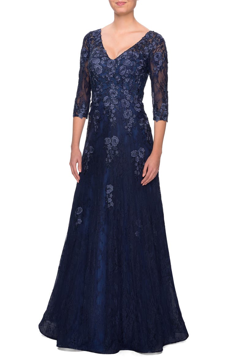 Embroidered Lace Gown, Alternate, color, NAVY