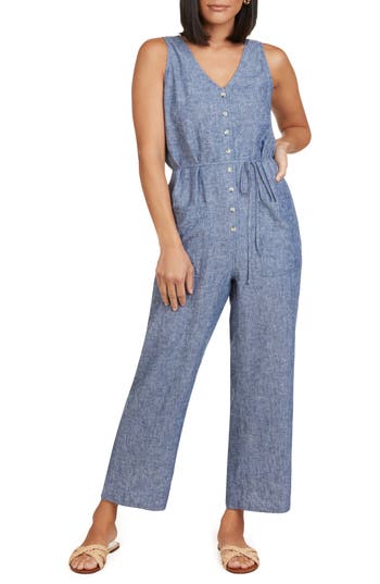 Matty M . Linen Blend Jumpsuit In Blue