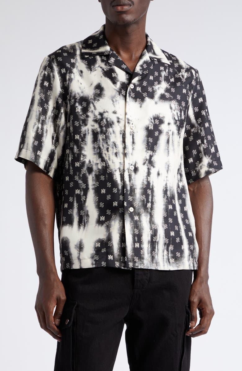 AMIRI Bleach Tie Dye Bandana Logo Print Silk Bowling Shirt, Main, color,