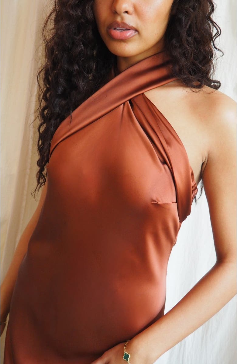 Rewritten Roma Halter Neck Dress, Alternate, color, Cinnamon
