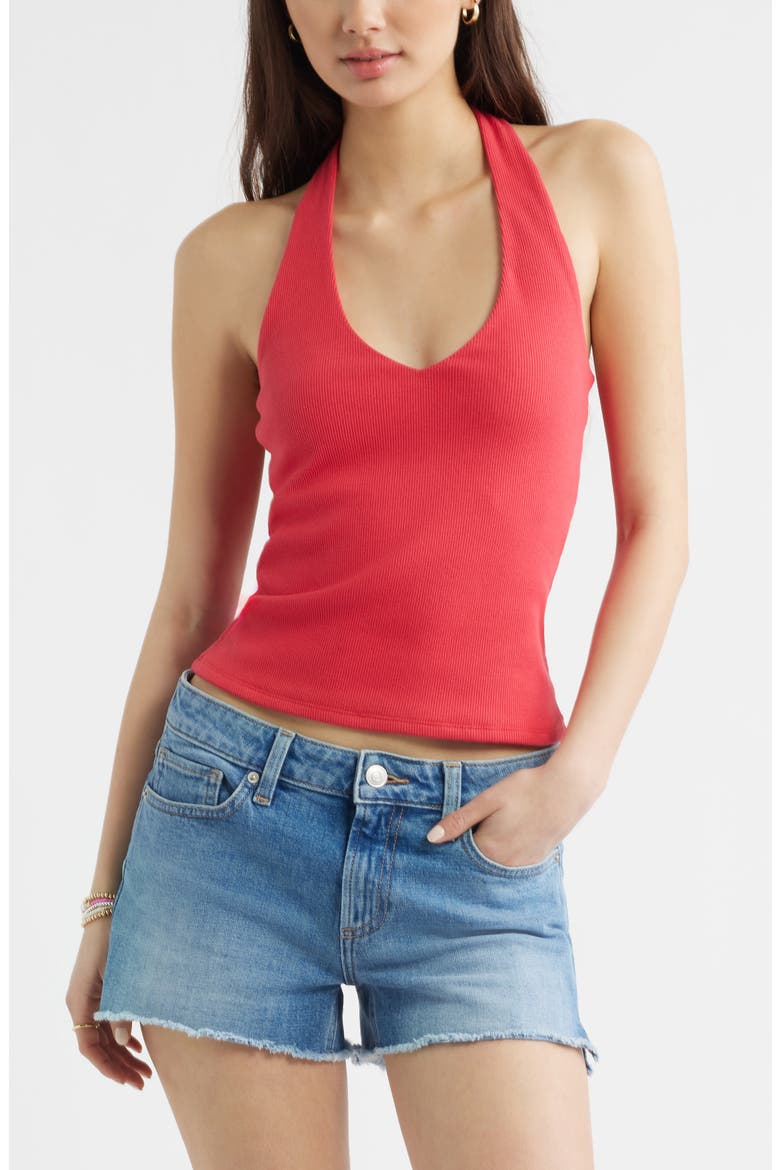 V-Neck Rib Halter Top, Main, color, RED SAUCY