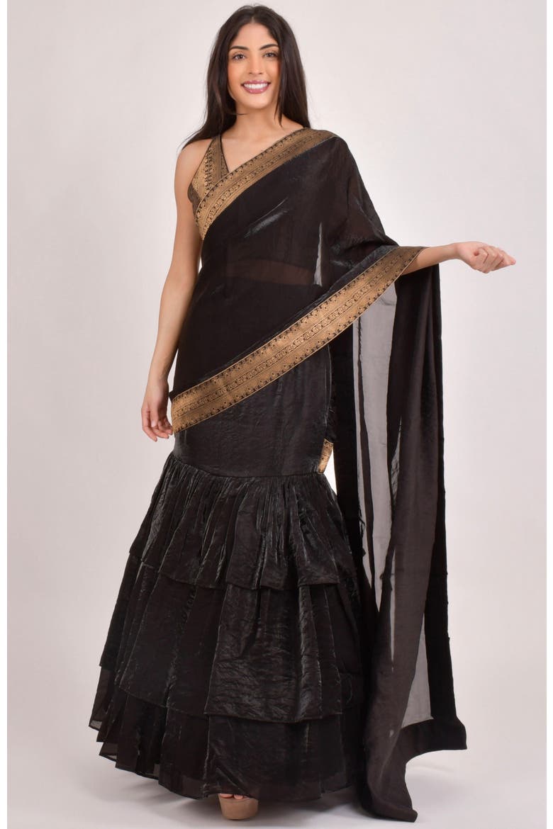 Leila Pre-Stiched Ruffle Lehenga Saree, Main, color, Black