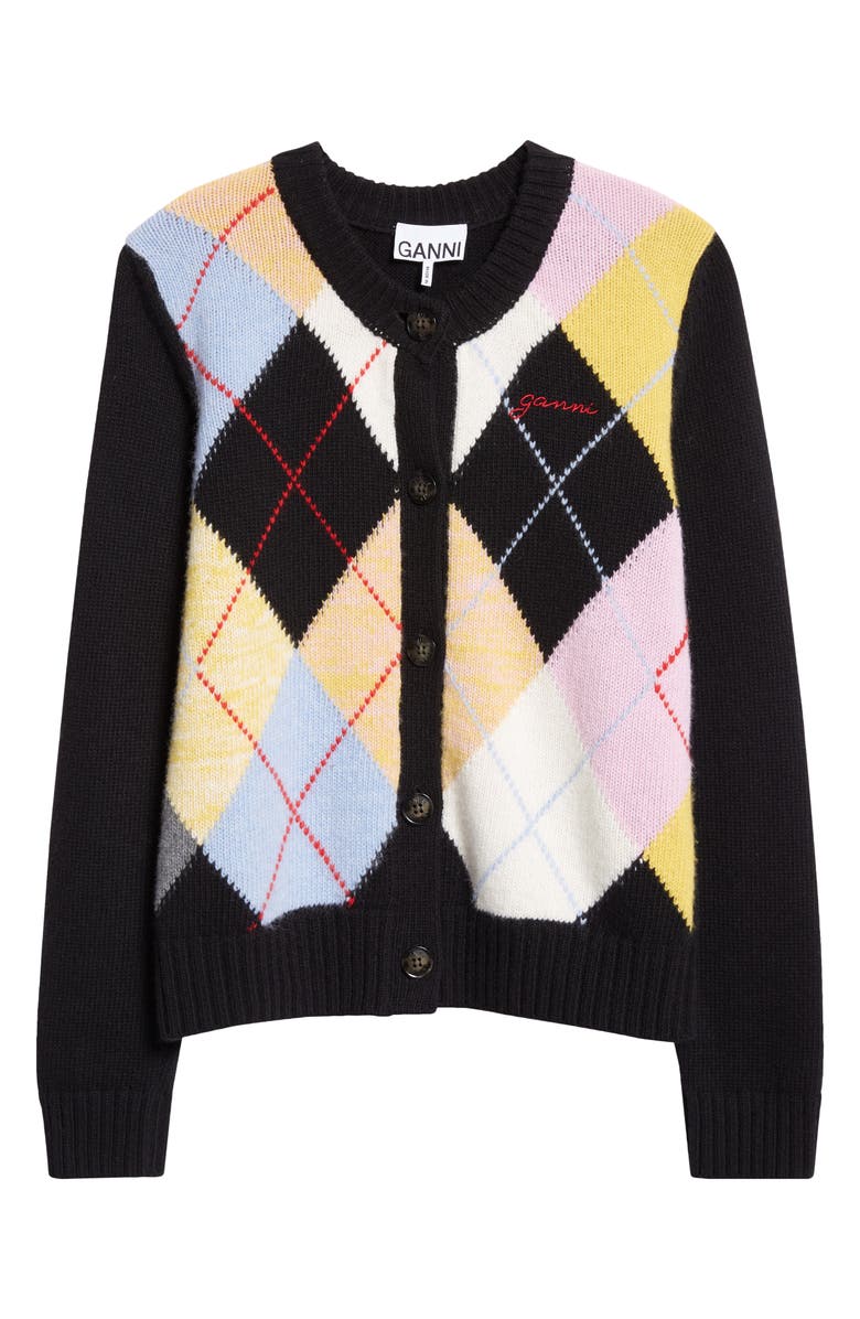 Ganni Harlequin Wool Blend Argyle Cardigan, Alternate, color, 