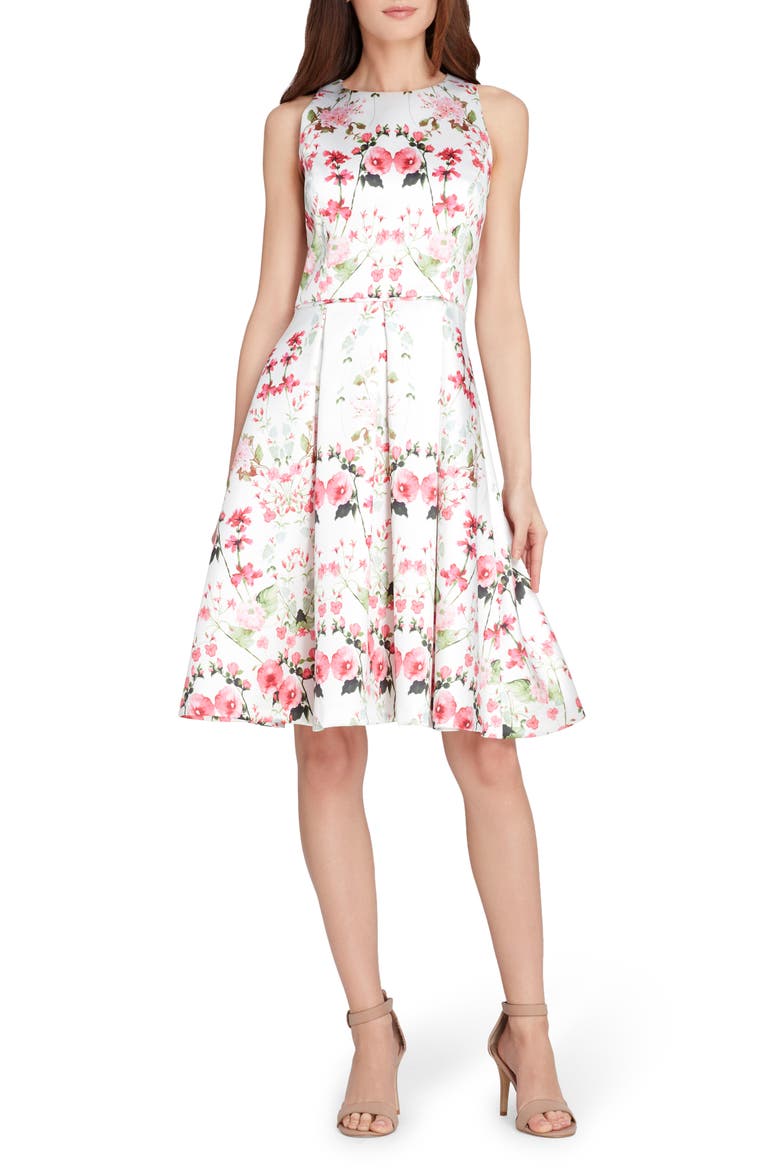 Micado Floral Print Fit & Flare Dress, Main, color, IVORY/ FUCHSIA/ GREEN