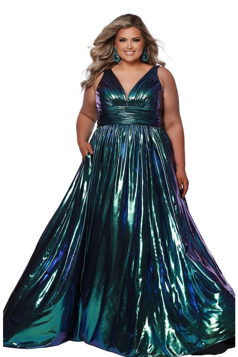 Bra-Friendly V-Neckline Plus Size A-Line Formal Gown, Alternate, color, Peacock