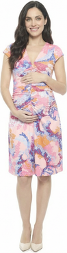 24seven Comfort Apparel Maternity Abstract V-Neck Cap Sleeve Ruched Front Knee Length Dress