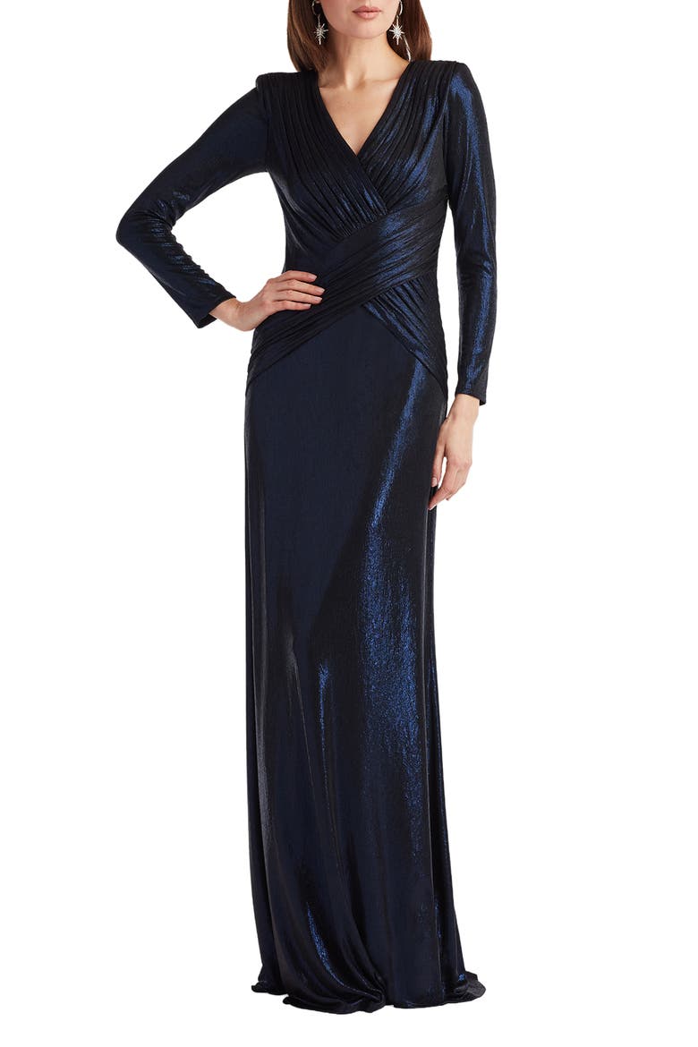 Metallic Surplice V-Neck Long Sleeve Gown, Alternate, color, ROYAL NAVY
