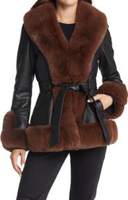 AZALEA WANG Faux Leather & Faux Fur Belted Coat