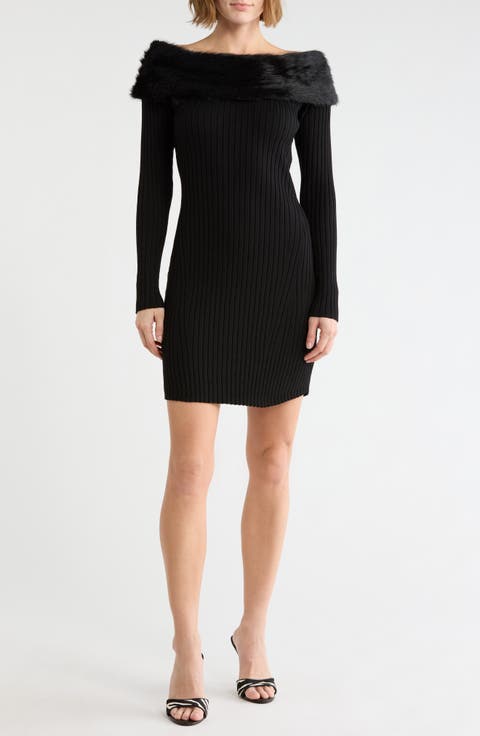Faux Fur Trim Off the Shoulder Ribbed Minidress