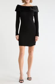 Madden Girl Faux Fur Trim Off the Shoulder Ribbed Minidress