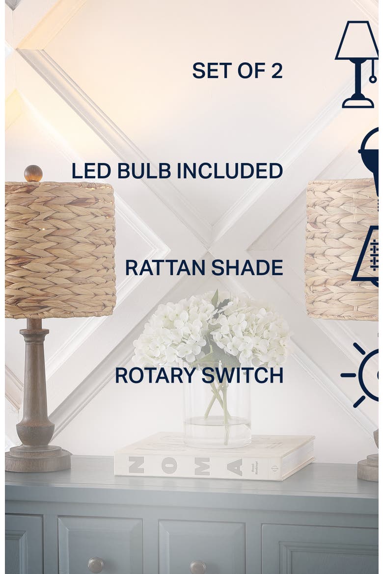 Leona 21.25" Rustic Farmhouse Handwoven Water Hyacinth/Resin LED Table Lamp, Brown Wood Finish, Alternate, color, Brown Wood Finish