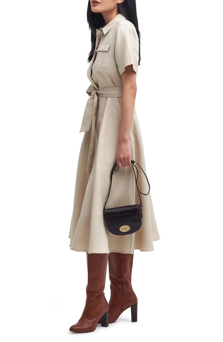 Barbour Margaret Tie Belt Linen & Cotton Midi Shirtdress, Alternate, color, Safari