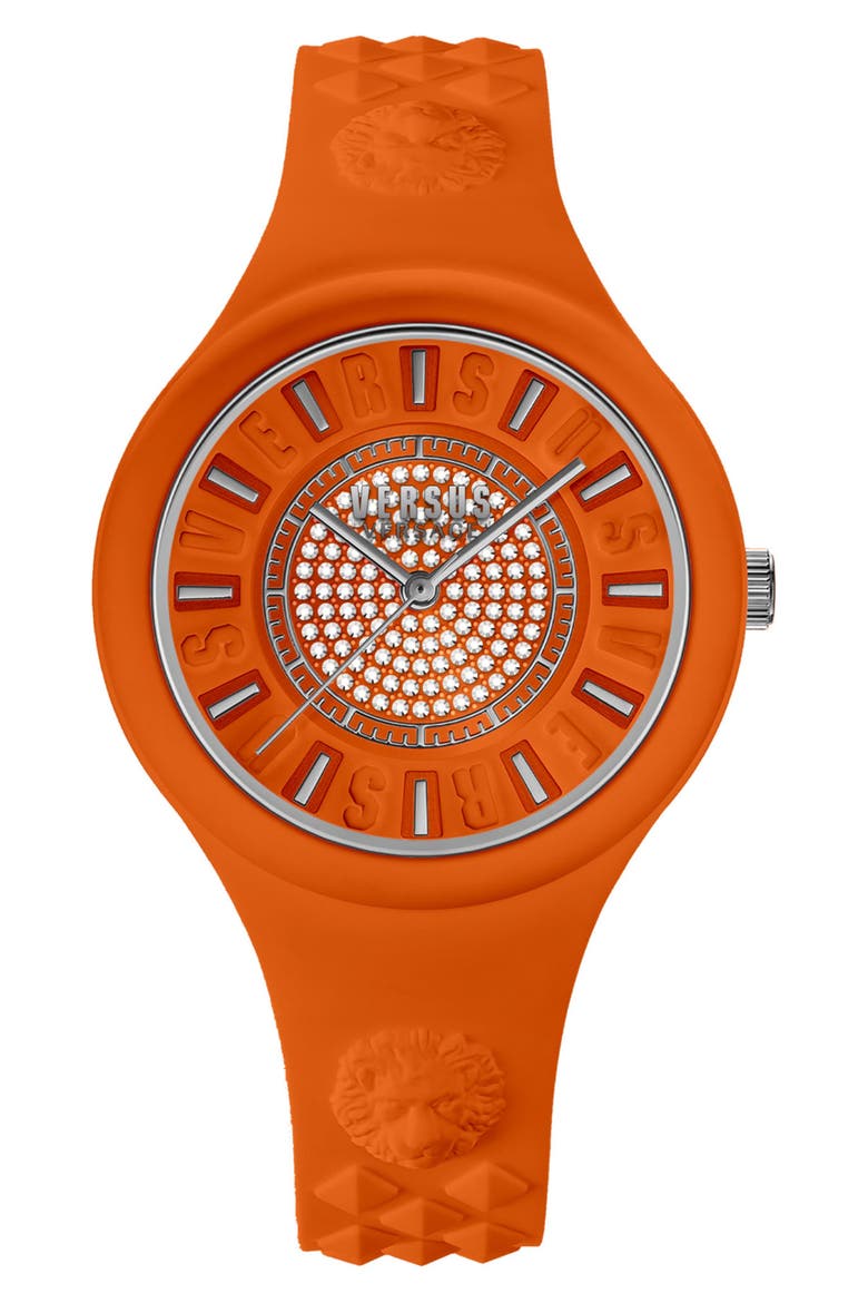Women's Fire Island Crystal Silicone Strap Watch, 39mm, Main, color, ORANGE