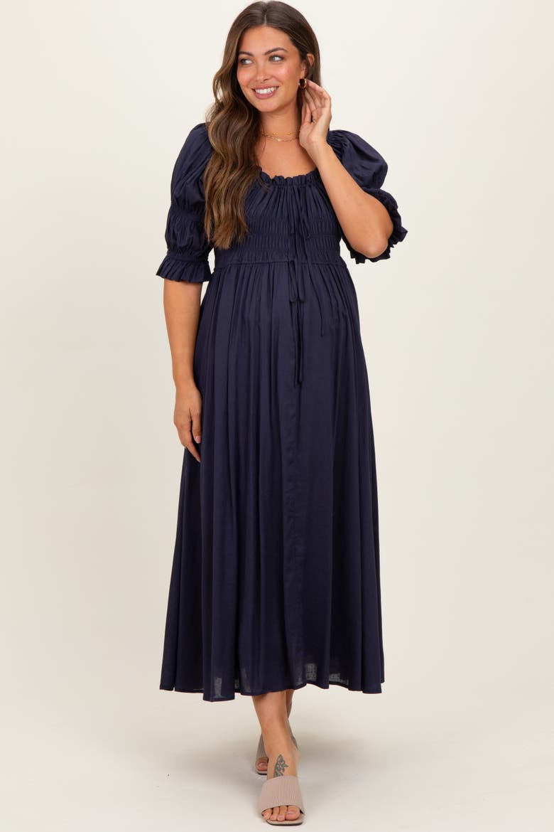 Smocked Ruffle Square Neck Midi Dress, Alternate, color, Navy Blue