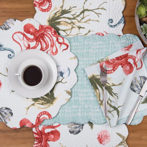 C & F Home C&f Home Behari Coastal Sea Life Cotton Quilted Round Reversible Placemats Set Of 6, 17" In Multi