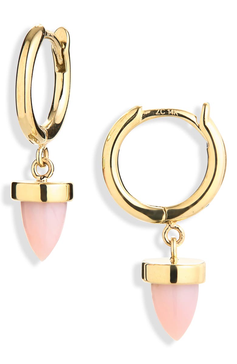 Zoë Chicco Opal Bullet Drop Huggie Hoop Earrings, Main, color, 14K Yellow Gold / Pink Opal