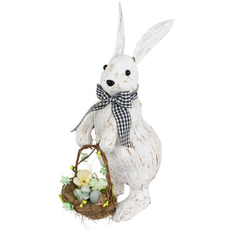 Rabbit with Easter Basket Decoration - 13" - Brushed White