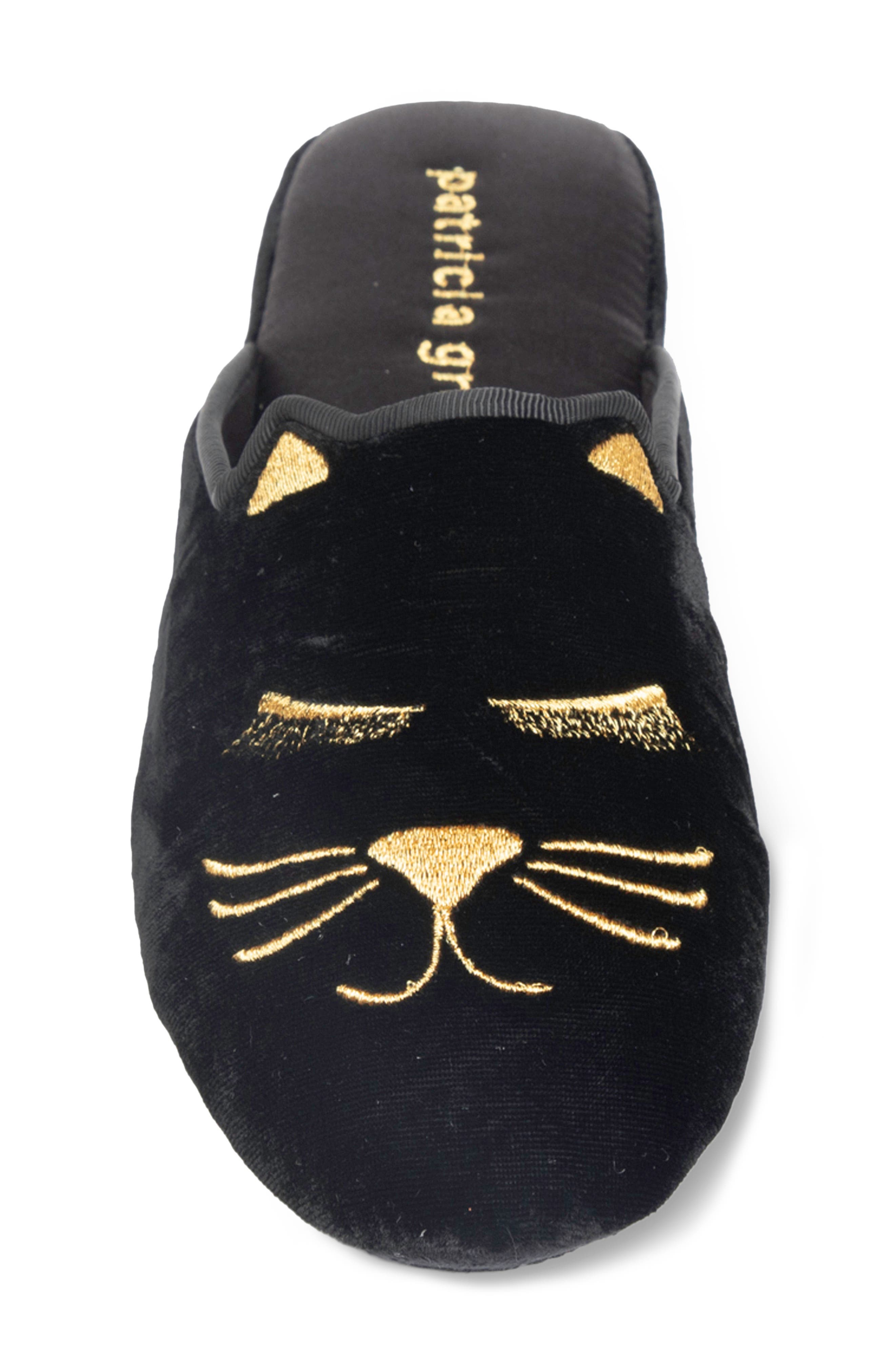 patricia green Winking Kitty Embroidered Slipper, Alternate, color, Black