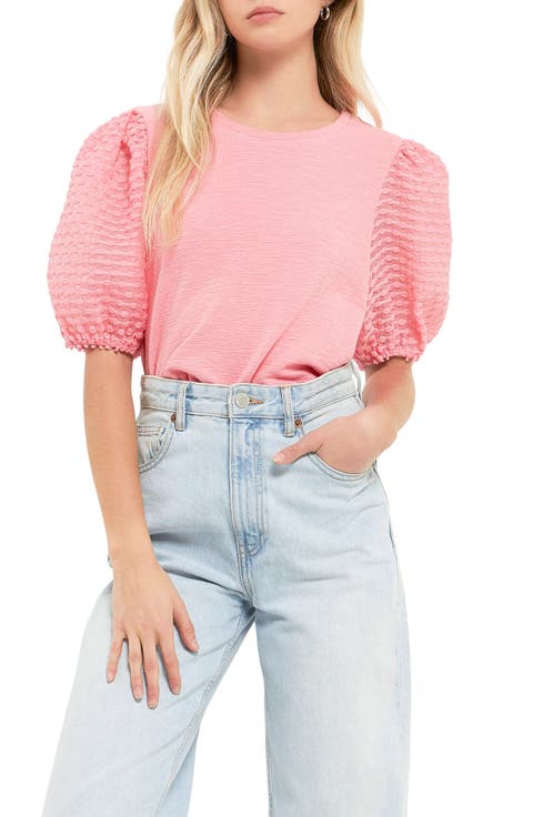 Textured Mixed Media Puff Sleeve Top