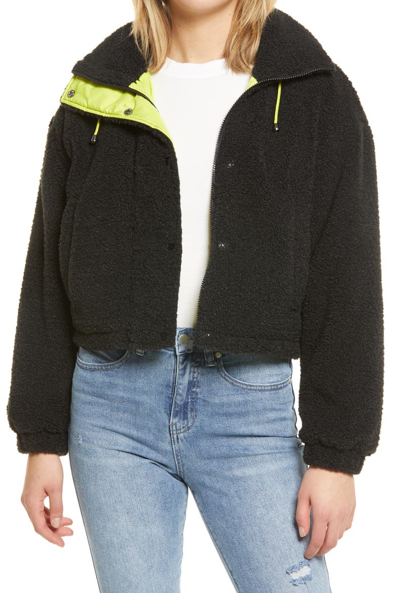 Neon Faux Shearling Bomber Jacket, Main, color, BLACK