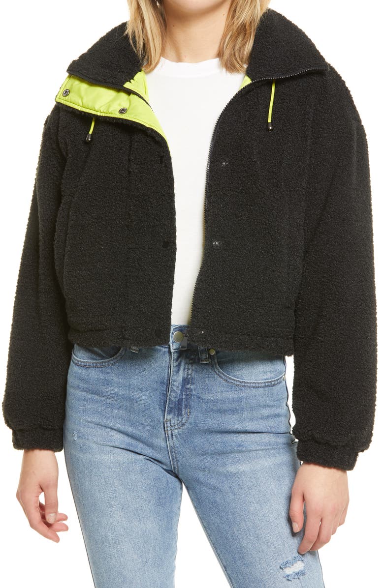 BP. Neon Faux Shearling Bomber Jacket, Main, color, 