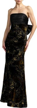 Mac Duggal Strapless Floral Velvet Bow-Back Evening Gown