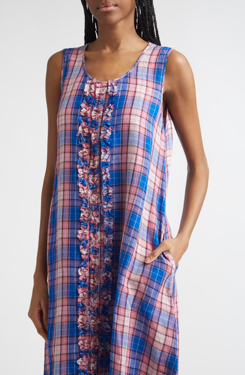 R13 Frayed Ruffle Plaid Midi Dress, Alternate, color, Blue Pink Plaid