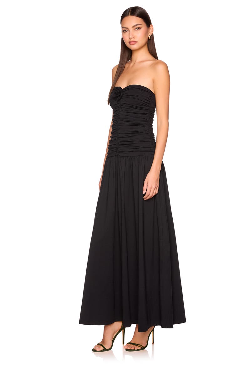 Flower Detail Strapless Maxi Dress, Alternate, color, BLACK