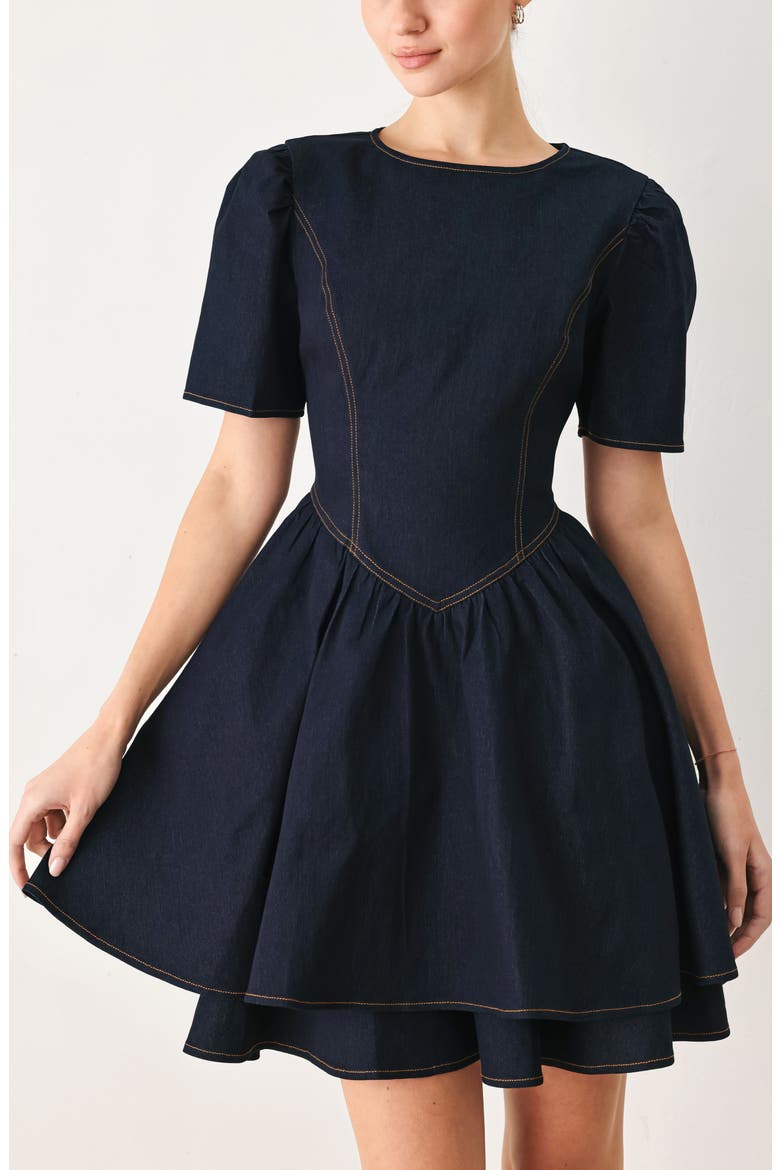 Short Sleeve Denim Fit & Flare Minidress, Alternate, color, DARK DENIM