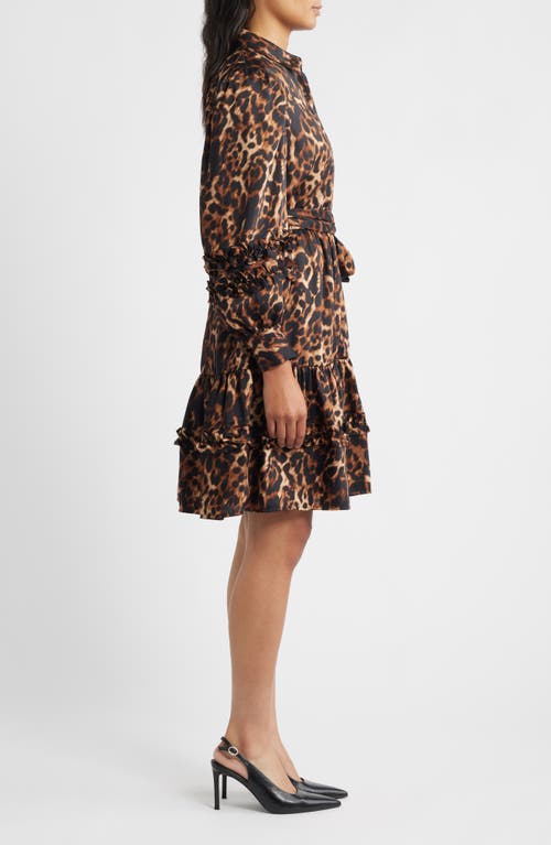 Anne Klein Leopard Tie Waist Long Sleeve Shirtdress In Multi