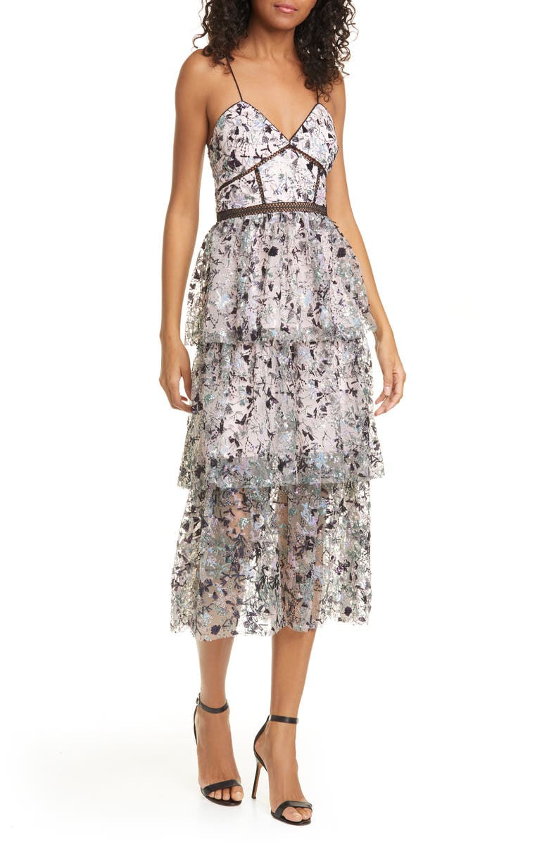 Self-Portrait Constellation Embellished Tiered Midi Dress, Main, color, 