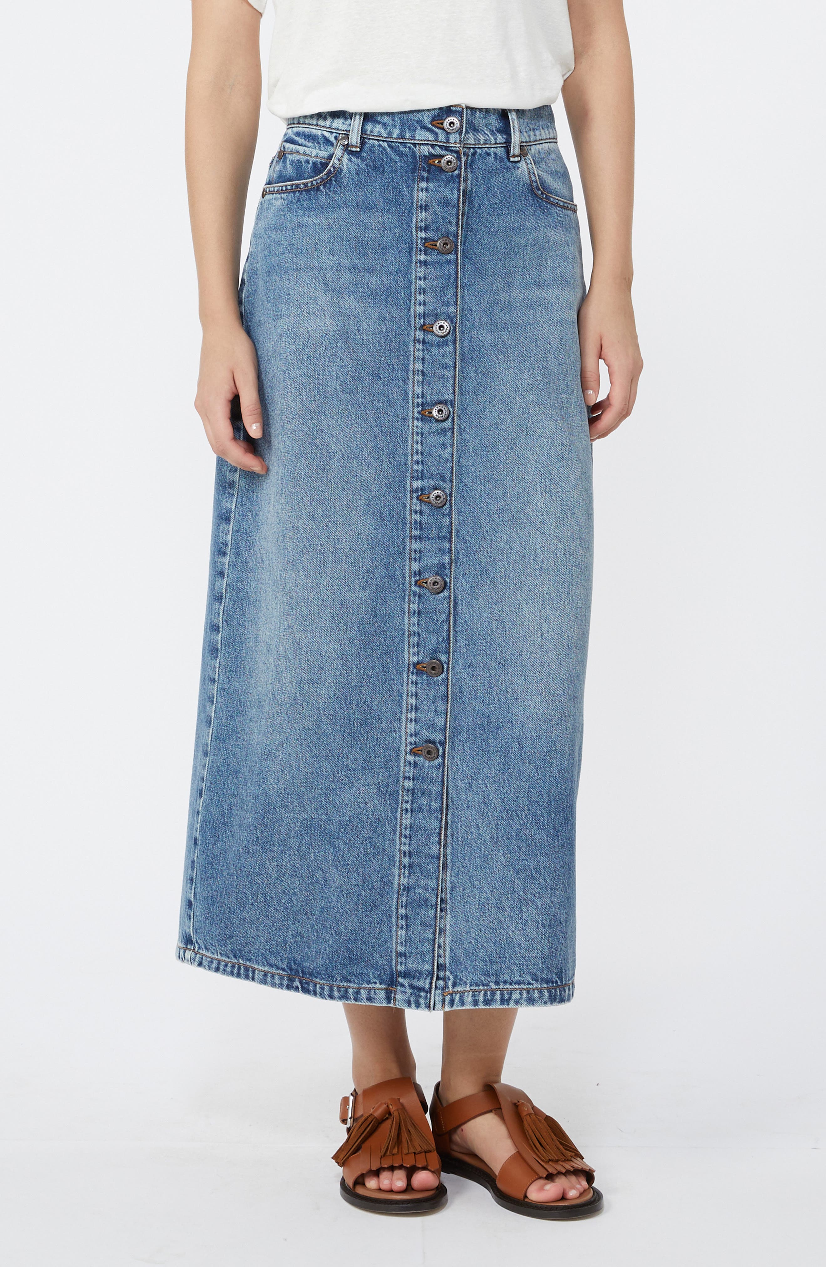Dasti Button Front Denim Midi Skirt