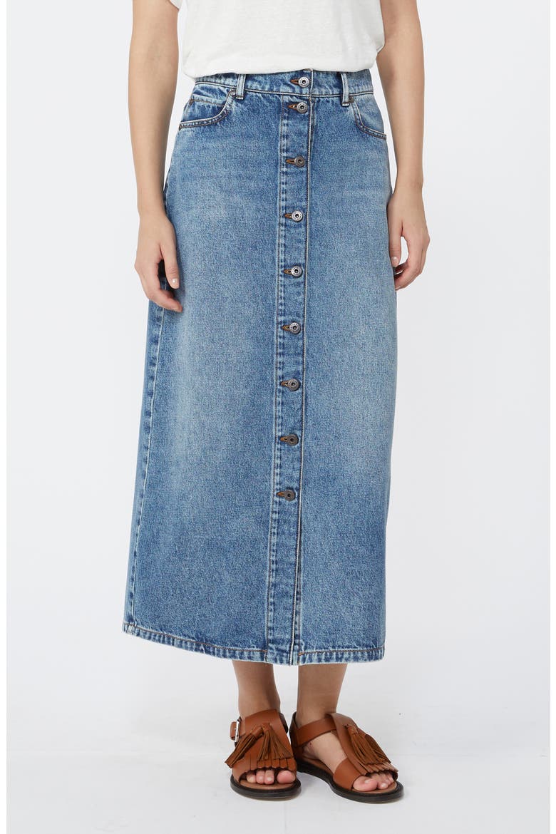 Dasti Button Front Denim Midi Skirt, Main, color, NAVY