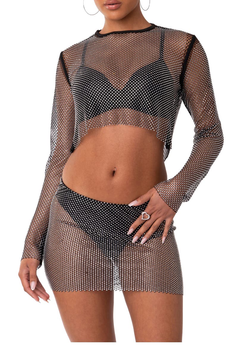 Embellished Sheer Fishnet Crop Top, Main, color, SILVER
