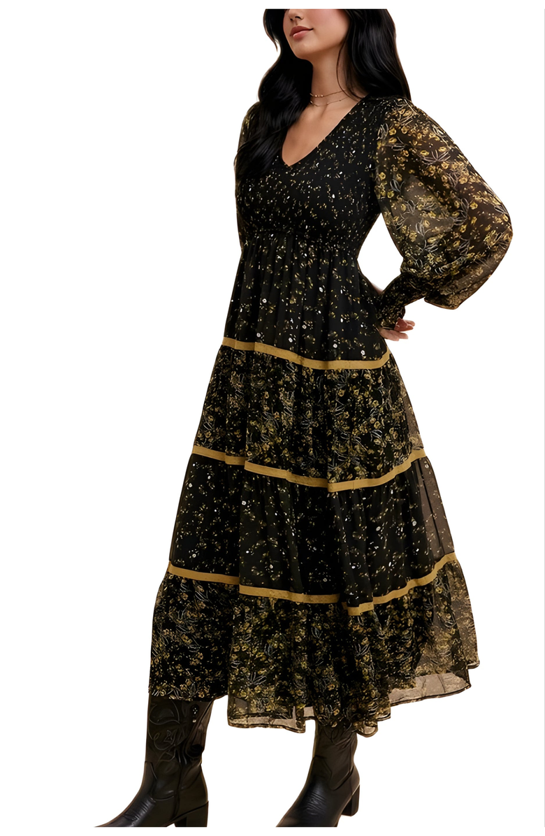 Knit and Lounge Floral Tiered Long Sleeve Midi Dress With Contrast Trim, Alternate, color, Black / Gold