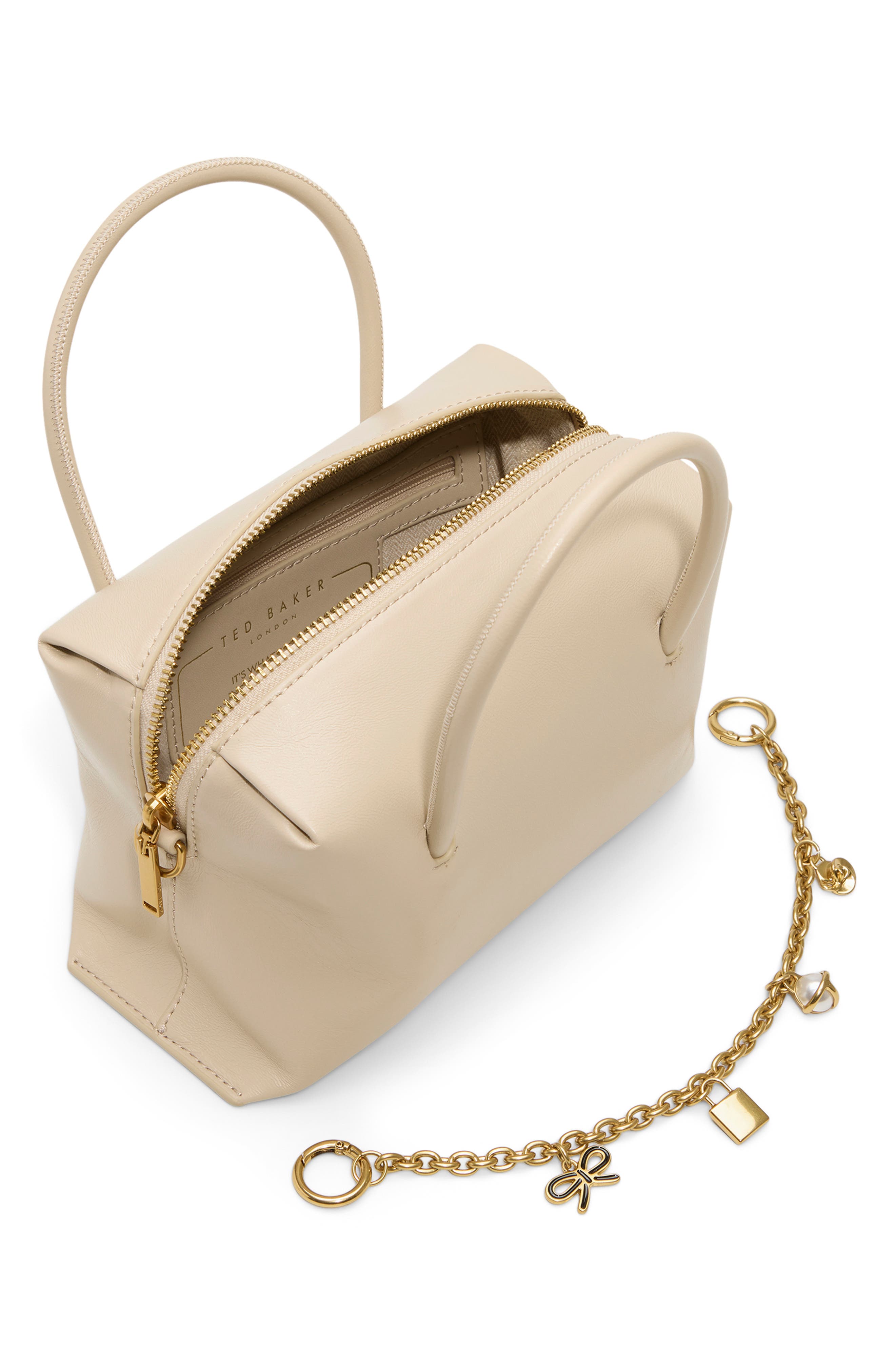 Ted Baker London Vera Charm Leather Satchel, Alternate, color, Shiny Open White