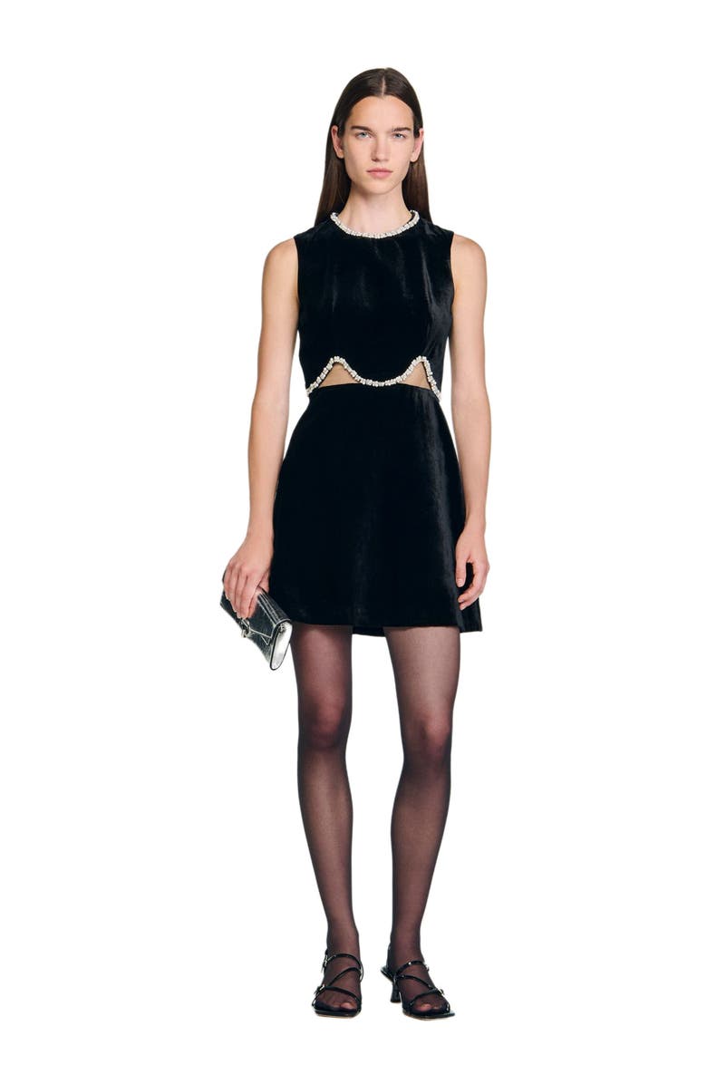 SANDRO Short velvet dress with cutouts, Alternate, color, Black