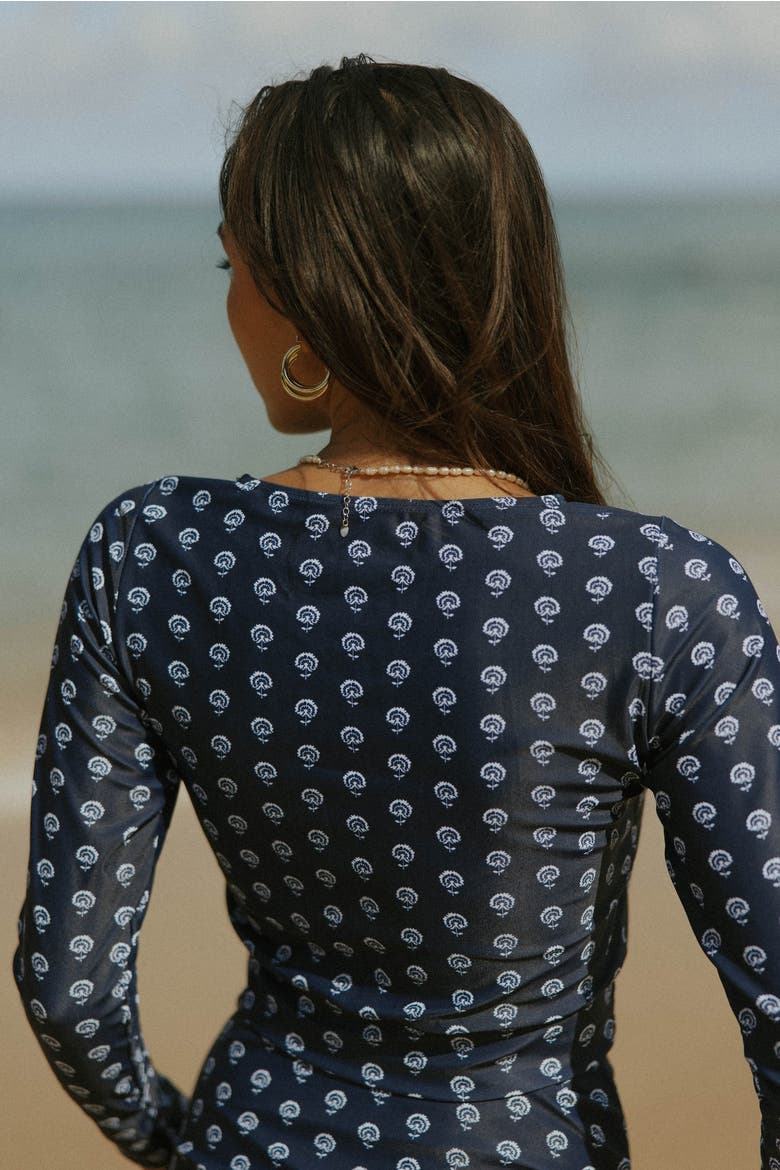 Topanga Long Sleeve Rashguard Swim Top, Alternate, color, Blue White Floral Print